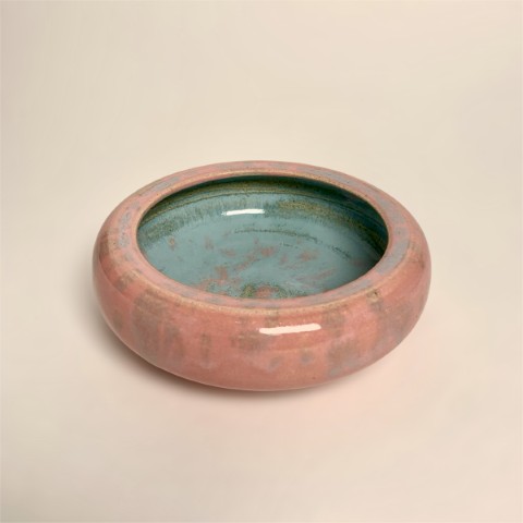 Plato exterior rosado e interior celeste con manchas. Borde redondo.